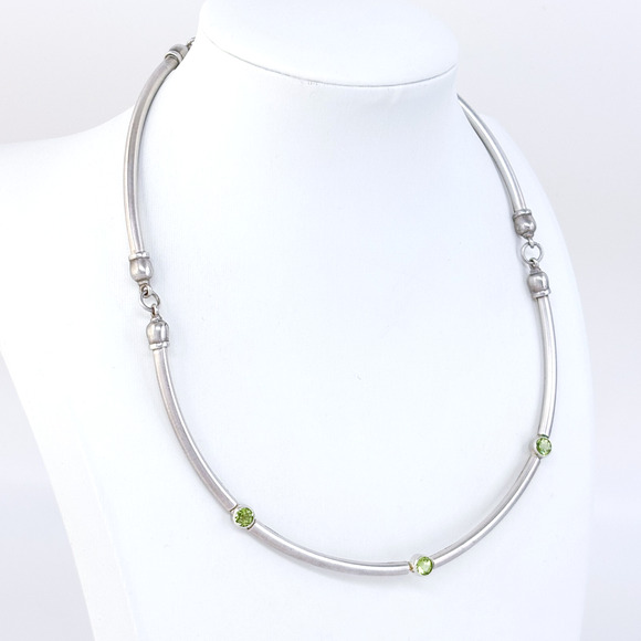 Vintage Sterling Silver 925 Green Peridot Accent Modernist Collar Necklace 16" - Picture 2 of 11
